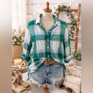 J. Crew Teal and White Checkered Shirt